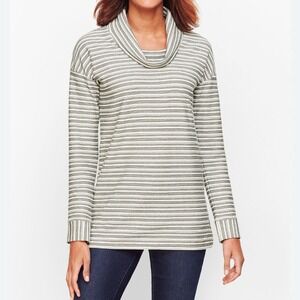 Talbots Reverse Terry Stripe Cowl-Neck Top Gray‎ White Sweater Women's Small NWT
